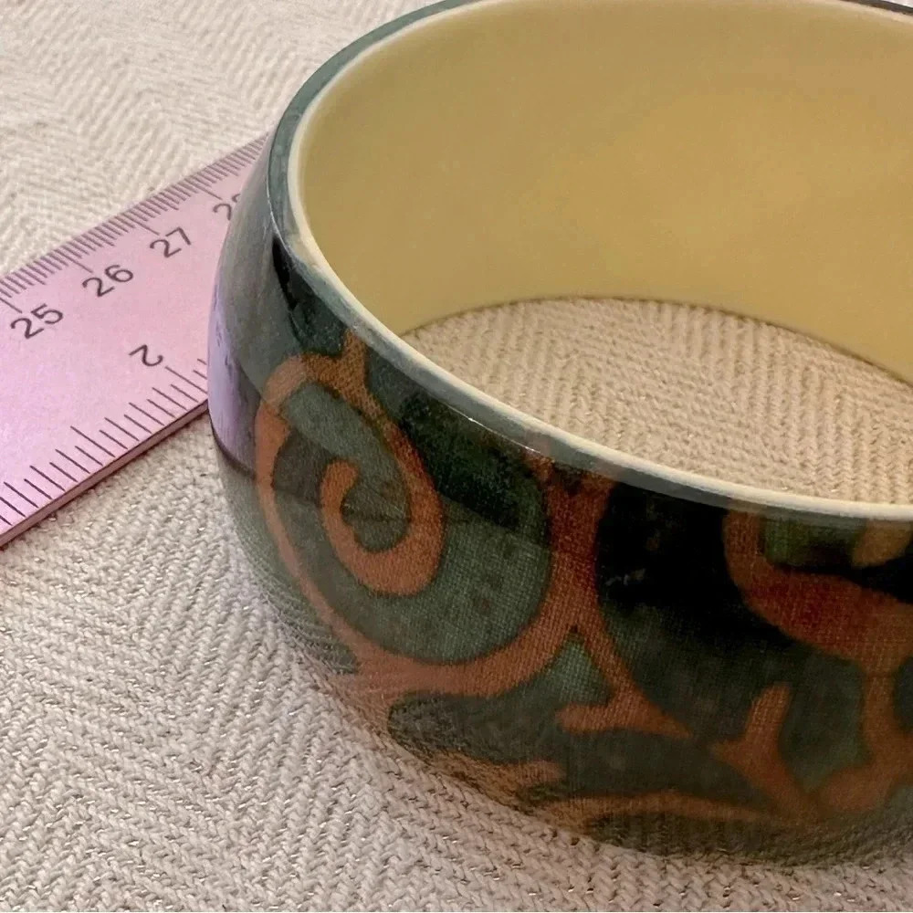 Lucite Acrylic Bangle Bracelet Brown & Turquoise Bohemian Swirls - Picture 4 of 10